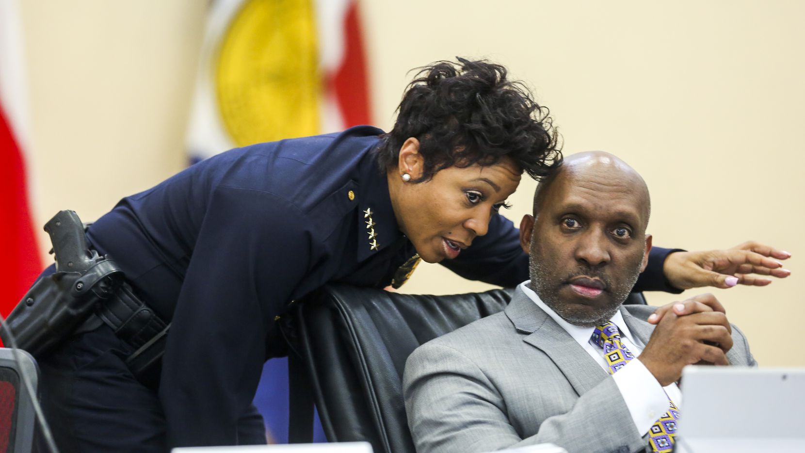Dallas Police Chief U. Reneé Hall talks to her boss, Dallas City Manager T.C. Broadnax, during a City Council meeting in February 2019. Hall resigned in September and will leave the department at the end of the year.(Shaban Athuman / Staff Photographer)