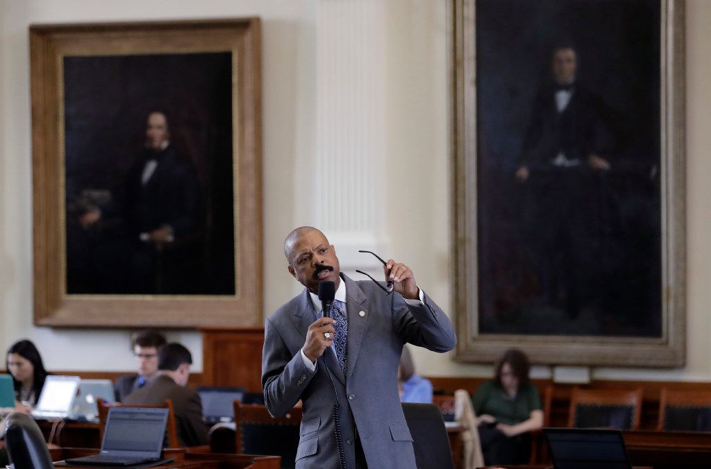 State Sen. Borris Miles, (D-Houston), speaks during debate over a "bathroom bill" in the Senate Chamber, Tuesday, July 25, 2017, in Austin, Texas. The Texas Senate has revived a bill mandating transgender Texans use public restrooms corresponding to their birth-certificate genders. (AP Photo/Eric Gay)