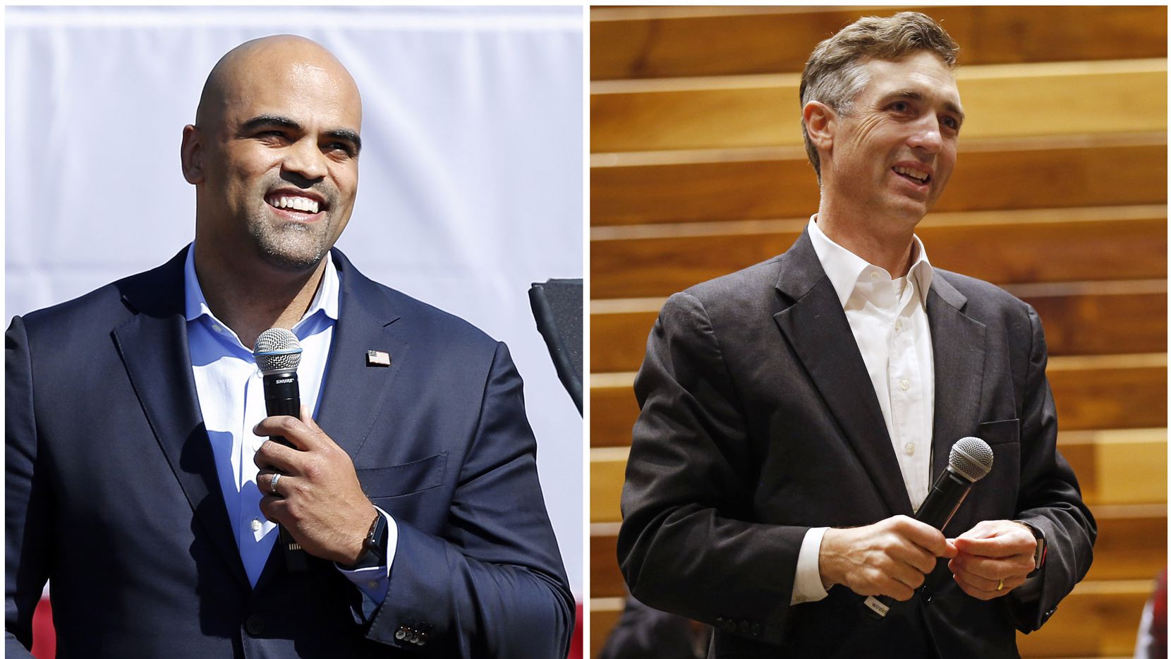 LEFT - Colin Allred, the U.S. Representative from Texas' 32nd District, speaks before former second lady Jill Biden made a drive-in campaign rally stop at Fair Park in Dallas, Tuesday, October 13, 2020. (Tom Fox/The Dallas Morning News) RIGHT - U.S. Rep Van Taylor during an election watch night party at Verona Villas on Tuesday, November 3, 2020 in Frisco, Texas. (Vernon Bryant/The Dallas Morning News) (Tom Fox, Vernon Bryant)