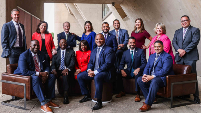  Recently elected Dallas City Council members pose together with Mayor Eric Johnson at the City Hall in Dallas after their Inauguration ceremony