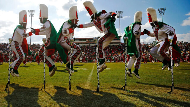 FAMU’s Marching 100 drum majors perform during halftime for Florida A&M University’s homecoming game against North Carolina A&T at Bragg Memorial Stadium in Tallahassee, Fla., Oct. 14, 2017