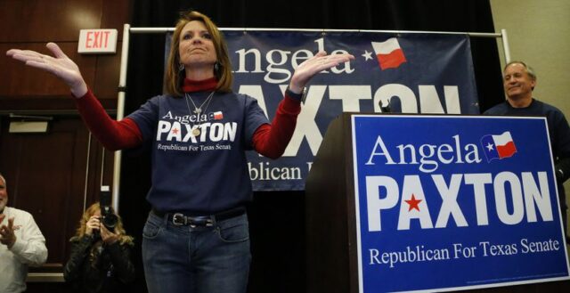 Angela Paxton acknowledged the applause of supporters at her election return party