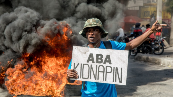 A man protesting against the kidnapping