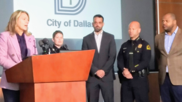 Dallas City Councilwoman Jennifer Gates, Officer Kylle Hawks, City Councilman Adam McGough, Chief Eddie Garcia and Mayor Eric Johnson