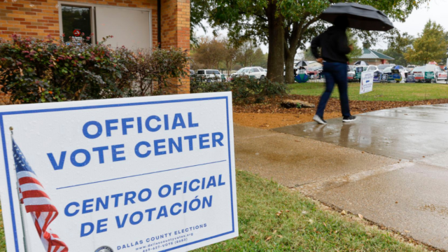 A voter exits a polling place on Election Day