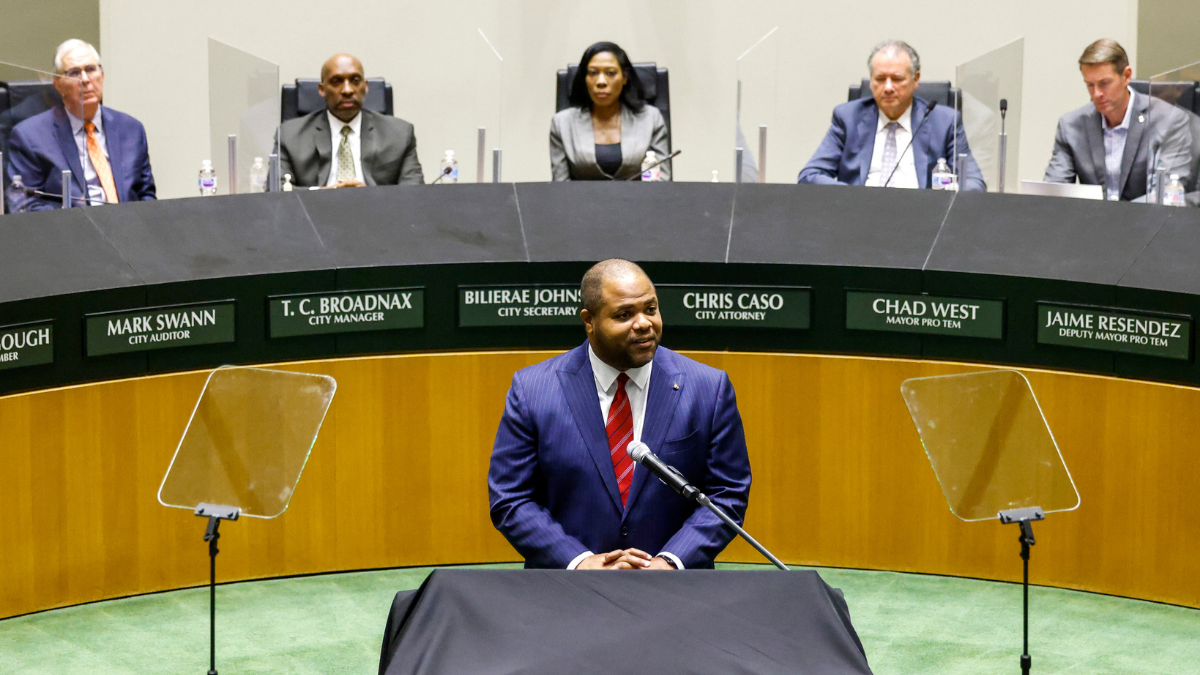 On November 17, 2021, Mayor Johnson gave his State of the City address to city officials and stakeholders. / Credit: Elias Valverde II, The Dallas Morning News, Staff Photographer