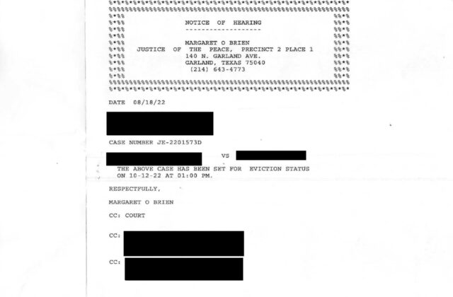 A hearing notice used in a woman's eviction case