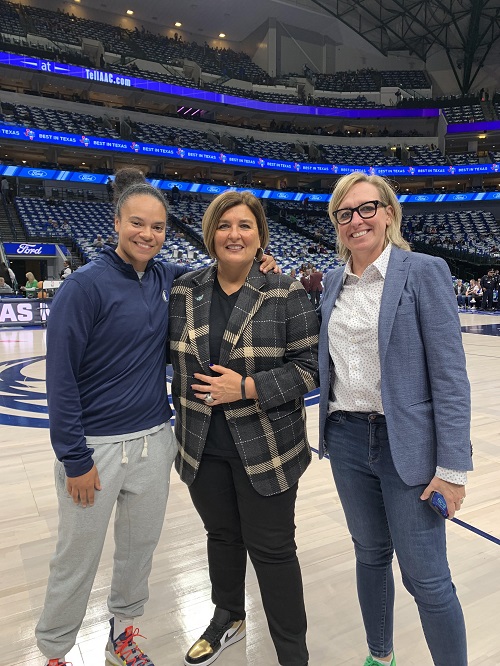 Mavs Asst. Coach Kristi Toliver, Wings Coach LaTricia Trammell and Wings COO Amber Cox