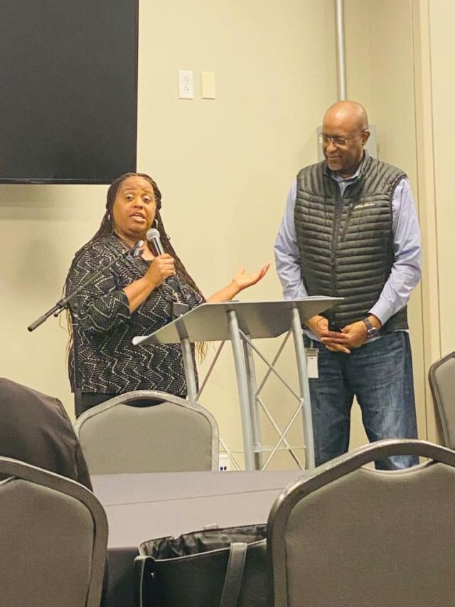The Potter's House MegaCare Director Tiffany Brinkley introduces Chief Operating Officer Frank Dyer during Ministry In Civics launch at The Potter's House Dallas March 25, 2023