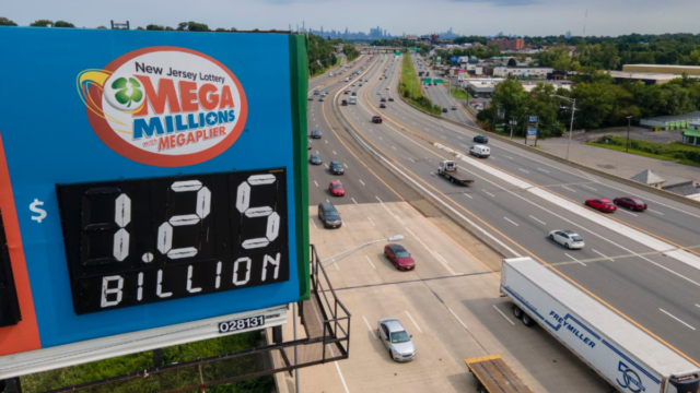 A billboard over Interstate 80 displays a Mega Millions lottery jackpot