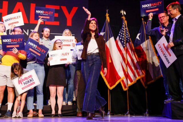 Republican presidential candidate Nikki Haley waves