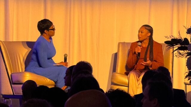 Olympian Allyson Felix and NBC 5's Kristi Nelson in conversation at Educational First Steps gala at Ritz-Carlton Feb. 20, 2024 in Dallas