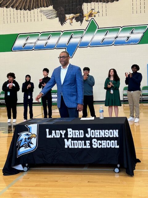 Congressman Marc Veasey during an assembly at Lady Bird Johnson Middle School in Irving.