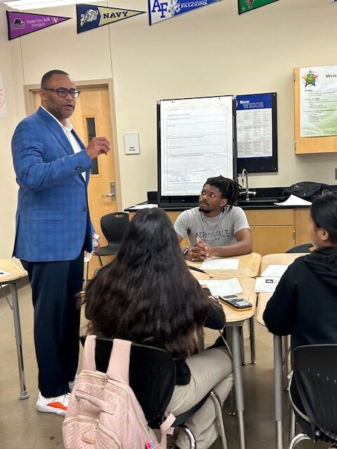 Congressman Marc Veasey talking with the college and career ready class - AVID - at Johnson Middle School.