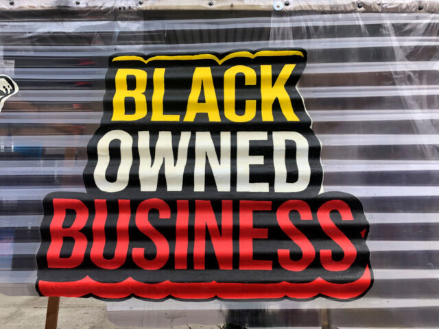 Black Owned Business, sign outside restaurant, Queens, New york