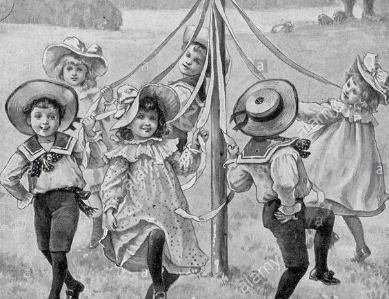 Victorian era children enjoying maypole dance.