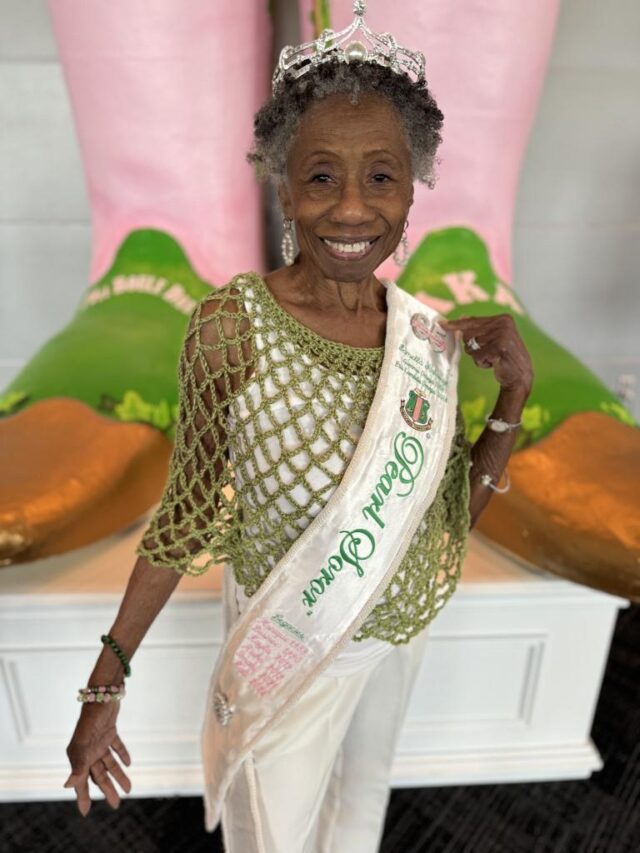 Pearl Soror Samella Yarbrough of Pasadena, California proudly wears sash during Alpha Kappa Alpha Sorority, Incorporated 71st Boule in Dallas, Texas July 7, 2024