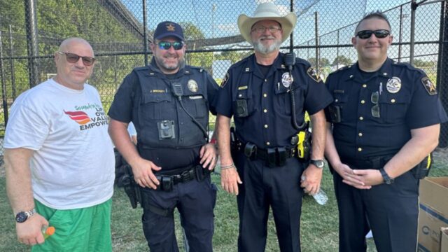 Partners in Safety (From Left to Right) DeSoto City Manager Majed Al-Ghafry, Lancaster Police Lieutenant Joseph Brickett, DeSoto Police Captain Terry Baker, and DeSoto Assistant Police Chief Ryan Jesionek keep things safe at DeSoto’s Grimes Park.