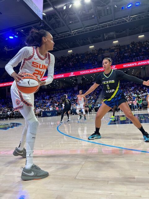 Dallas Wings Satou Sabally guards Connecticut Sun's Dewanna Bonner