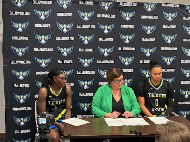 Dallas Wings postgame press conference (l to r) Natasha Howard, Coach LaTricia Trammell and Satou Sabally