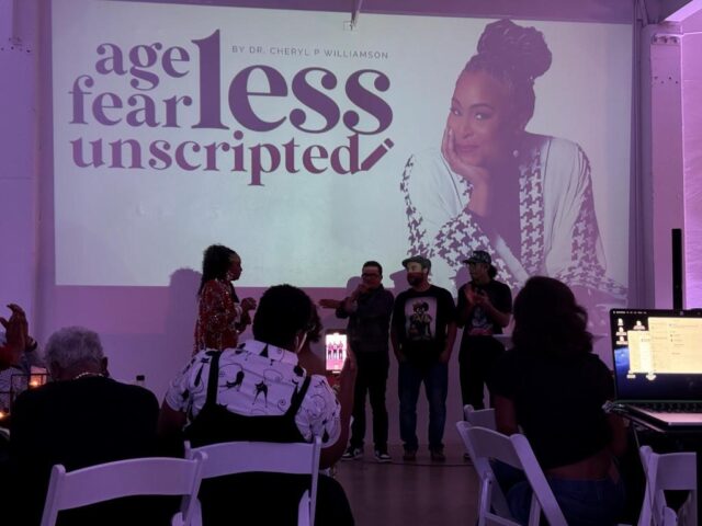 Dr. Cheryl Polote Williamson with podcast crew members during Ageless, Fearless, Unscripted podcast screening in Dallas Sept. 13, 2024