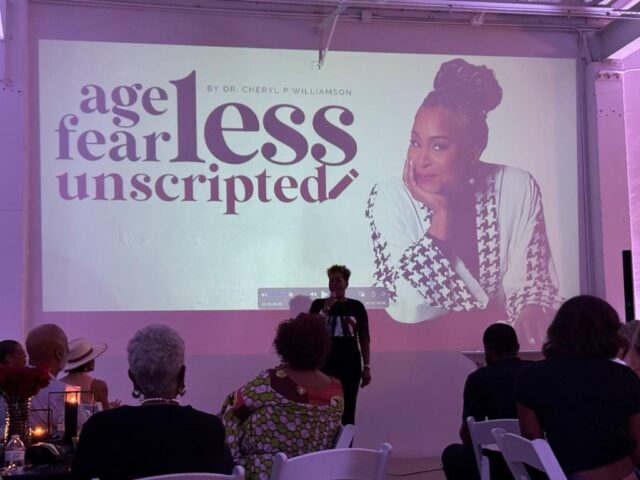 Event emcee Roni Talley speaks during Ageless, Fearless, Unscripted podcast screening in Dallas Sept. 13, 2024