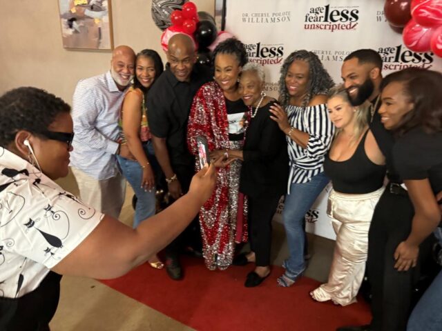 Cheryl Polote Williamson with family and friends during Ageless, Fearless, Unscripted podcast screening in Dallas Sept. 13, 2024