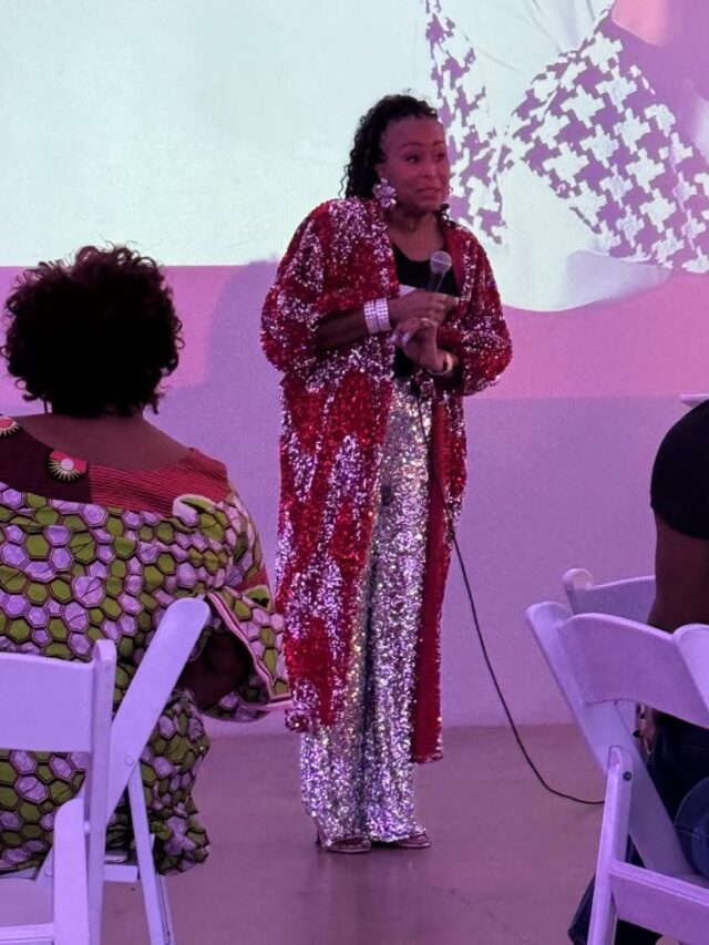 Dr. Cheryl Polote Williamson speaks with audience during Ageless, Fearless, Unscripted podcast screening in Dallas Sept. 13, 2024