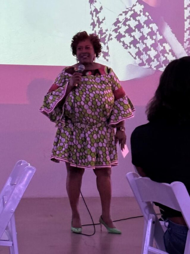 Celebrant speaks during Ageless, Fearless, Unscripted podcast screening in Dallas Sept. 13, 2024