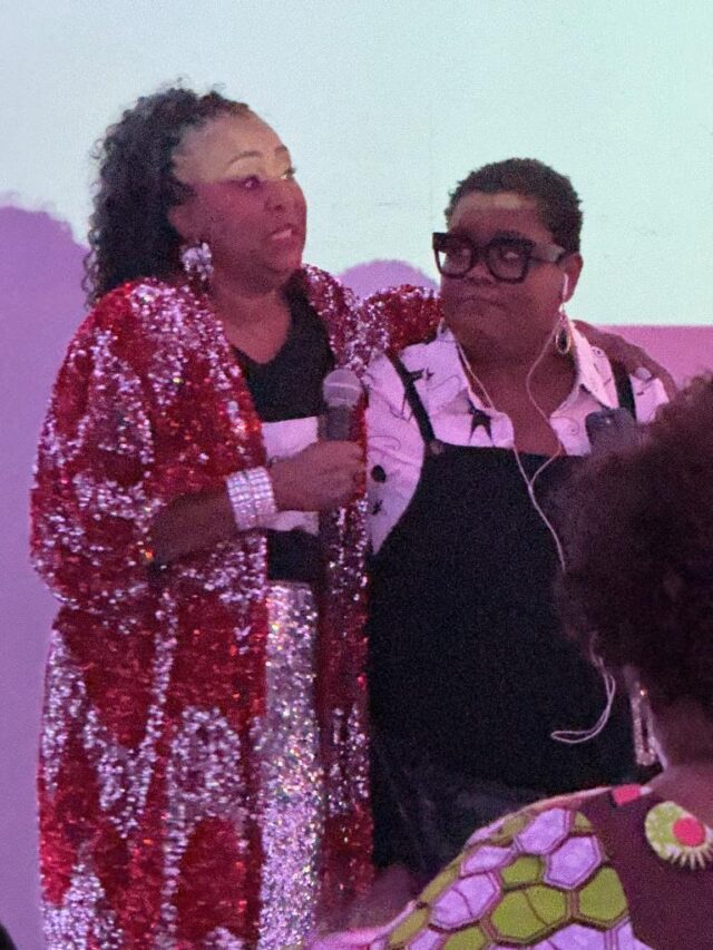 Dr. Cheryl Polote Williamson thanks team member during Ageless, Fearless, Unscripted podcast screening in Dallas Sept. 13, 2024 - 2