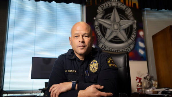 Dallas police Chief Eddie Garcia poses for a photo in his office at the Jack Evans Headquarters building in Dallas on Jan. 4, 2024.(Juan Figueroa / Staff Photographer)
