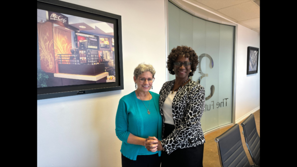 Yolanda Frazier-Gills, right, and Temple Shalom member Ken Glaser