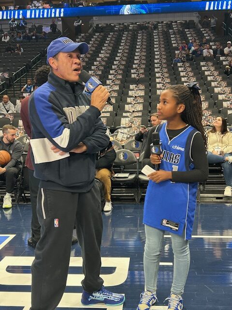 Mavs Announcer and Ambassador, Hall-of-Famer Chris Arnold and Mavs Kid Reporter Saria Stokes-Mitchell